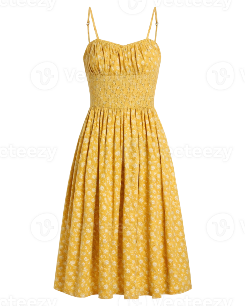 A yellow summer dress with thin straps and a floral pattern on a transparent background for fashion content png