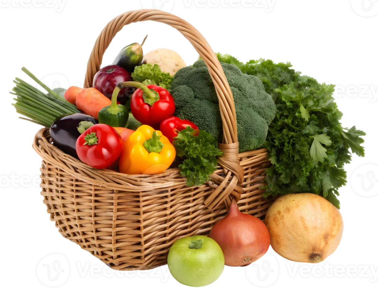Basket filled with fresh vegetables and fruits on a transparent background for healthy eating concept png