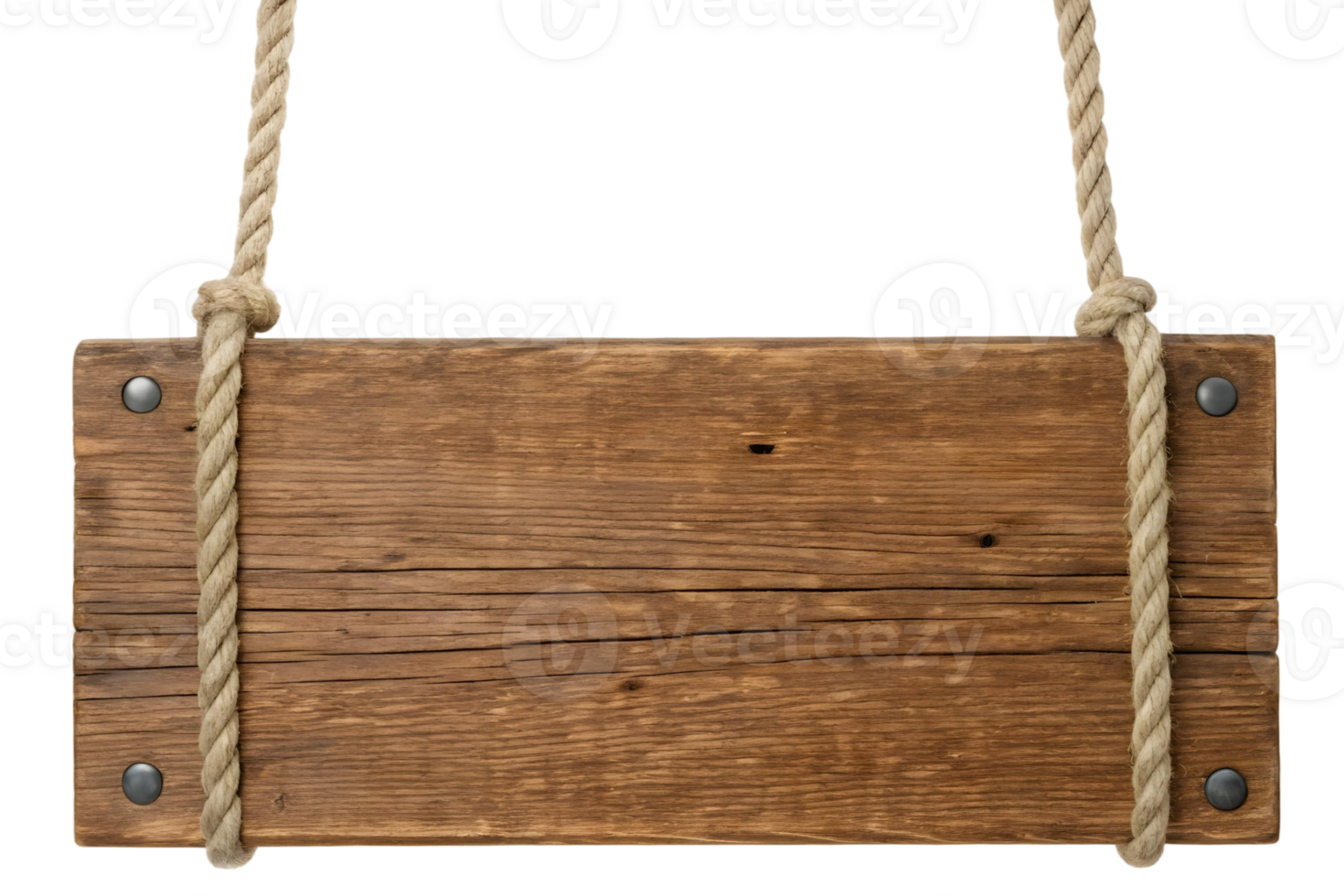 Rustic wooden sign hanging by ropes with metal rivets on a transparent background for text overlay png