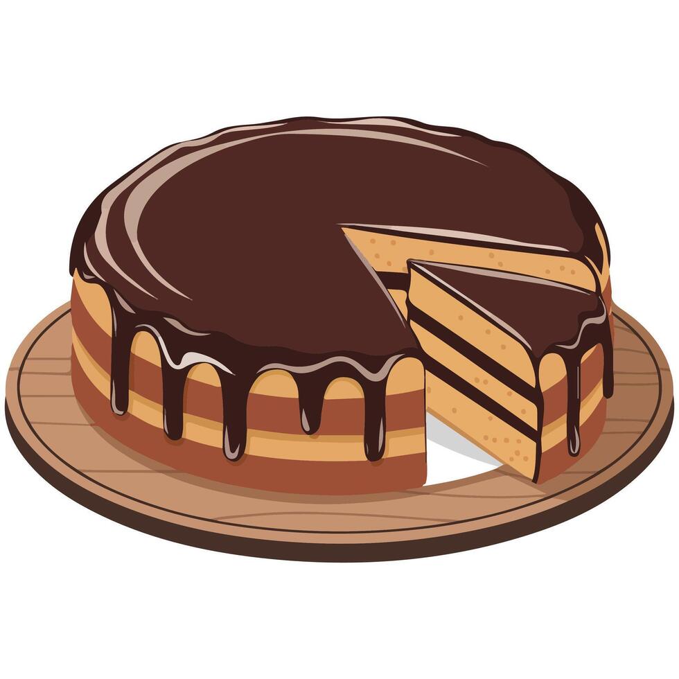 Chocolate layer cake on board isolated illustration on white background vector