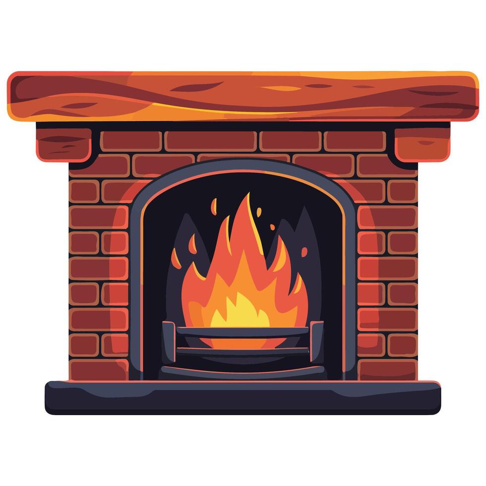 Stone and wood fireplace with burning flames isolated illustration on white background vector