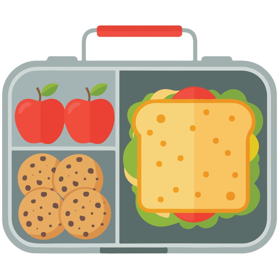 School lunchbox with sandwich and fruit isolated illustration on white background vector
