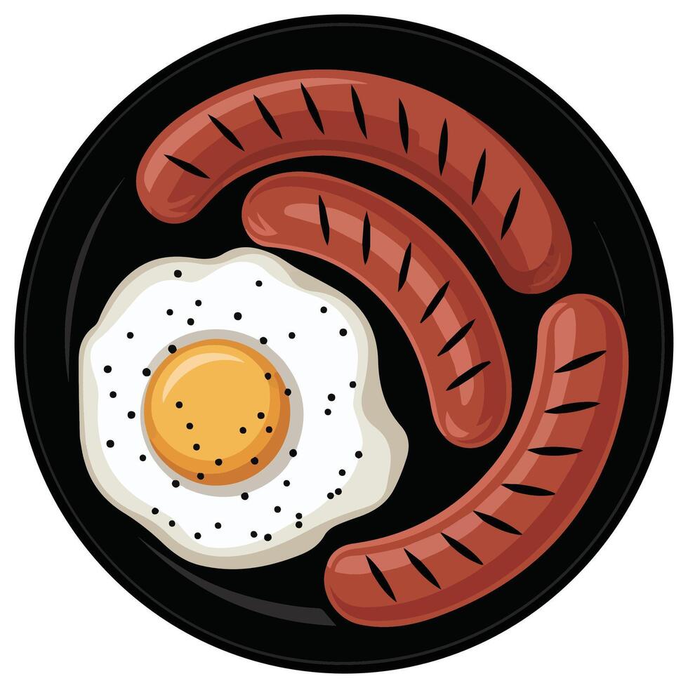 Fried eggs and sausage breakfast isolated illustration on white background vector