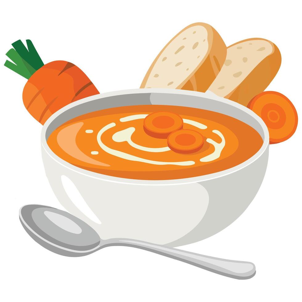 creamy carrot soup parsley baguette isolated illustration on white background vector