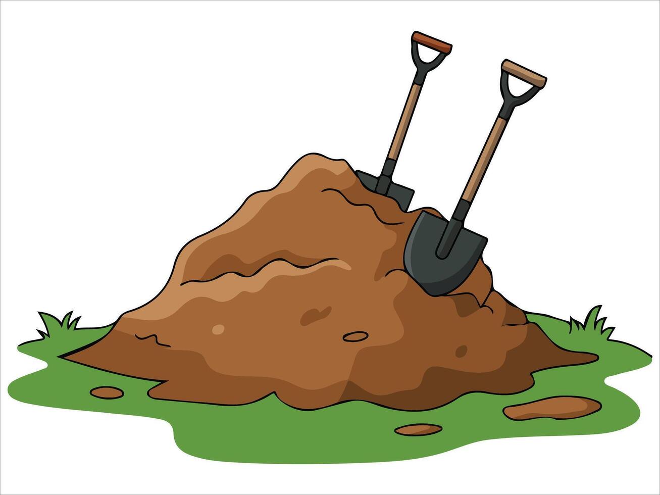 Shovels in pile of earth compost isolated illustration on white background vector
