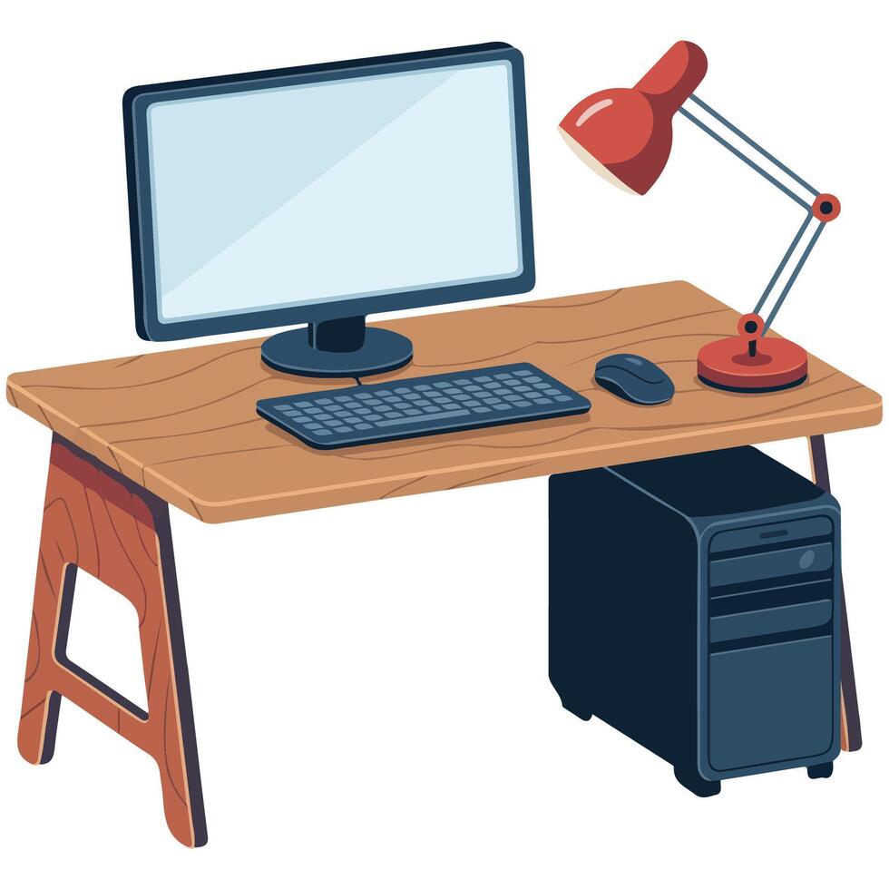 desk computer lamp office furniture isolated illustration on white background vector