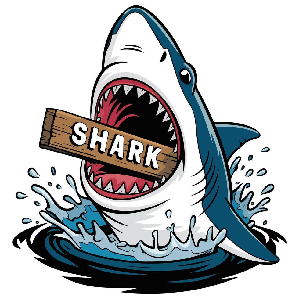 cartoon shark holding sign marine isolated illustration on white background vector