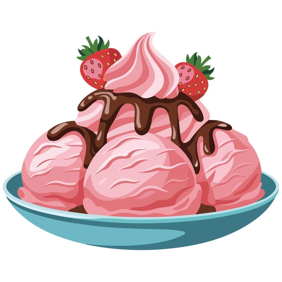 Pink strawberry ice cream sundae with chocolate drizzle isolated illustration on white background vector