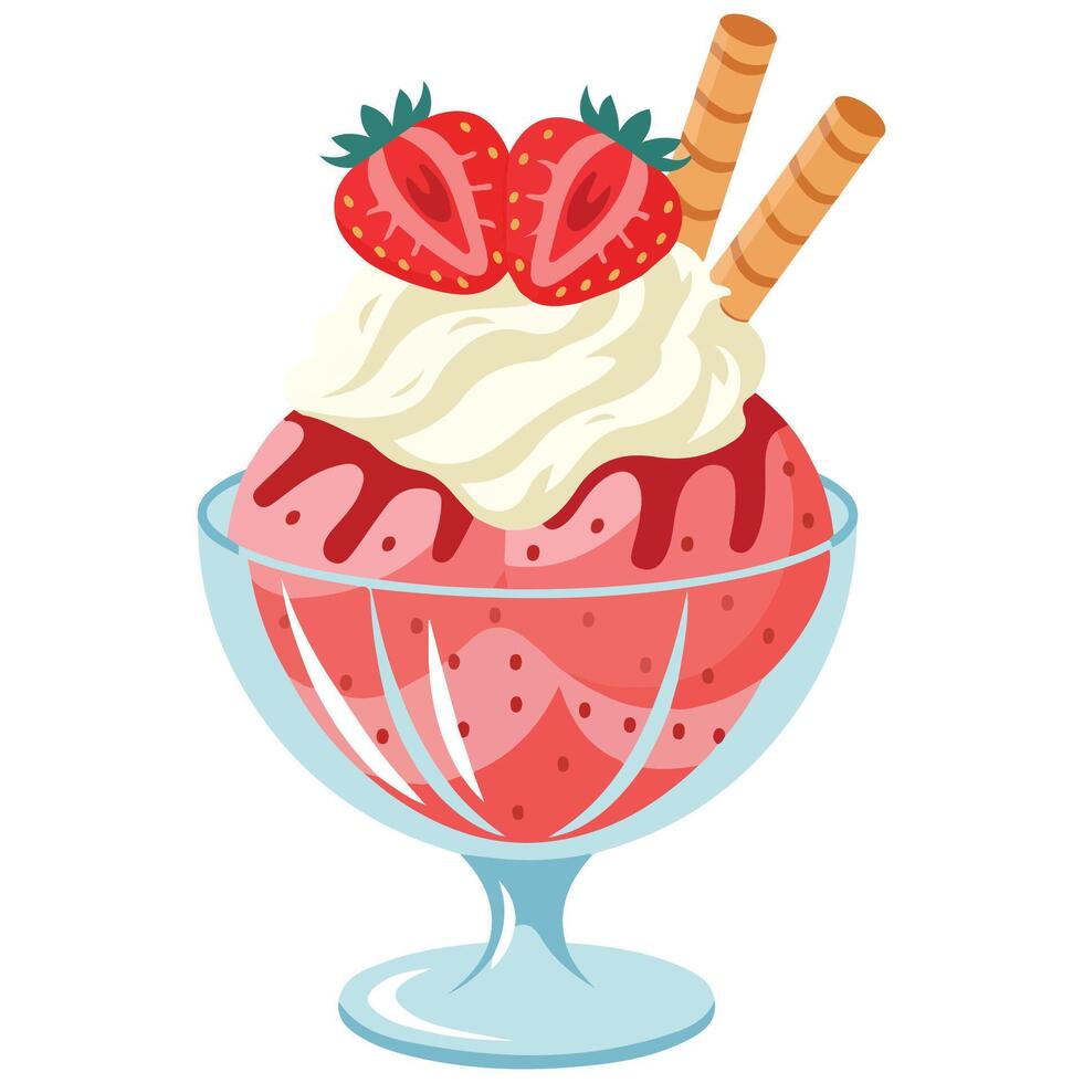 Strawberry ice cream sundae isolated illustration on white background vector