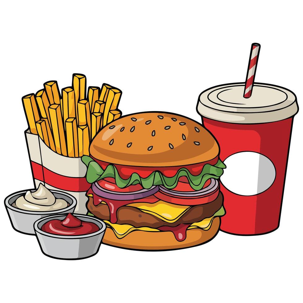 Fast food hamburger and fries isolated illustration on white background vector