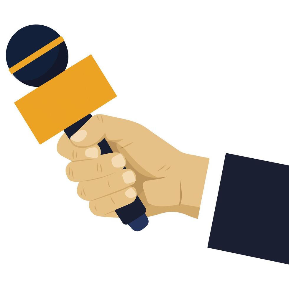 Microphones in reporter hands media isolated illustration on white background vector