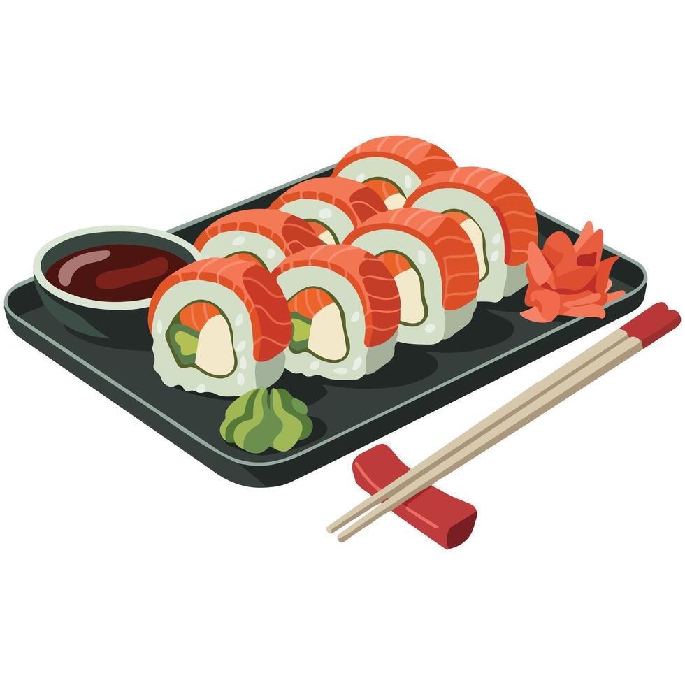 Sushi rolls with chopsticks isolated illustration on white background vector