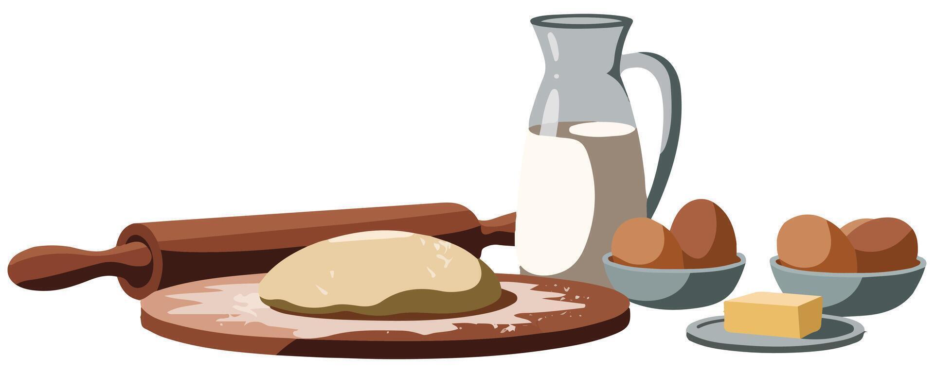 Baking tools with eggs and milk jug isolated illustration on white background vector