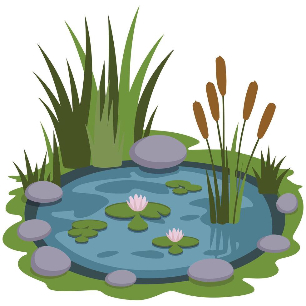 Lake with reeds landscape isolated illustration on white background vector