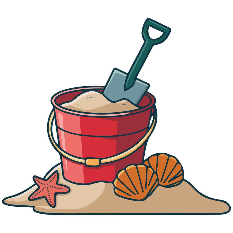 Red bucket with sand toys and starfish isolated illustration on white background vector