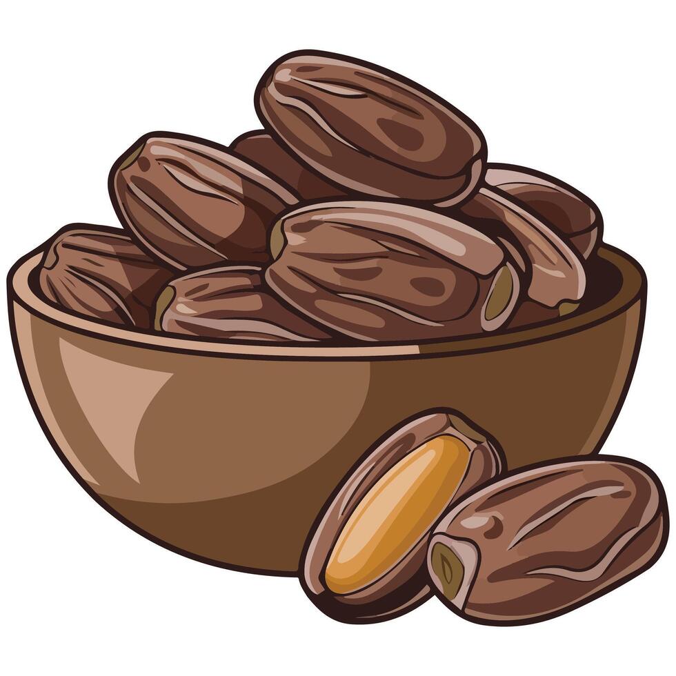 dates fruit wooden bowl sweet isolated illustration on white background vector