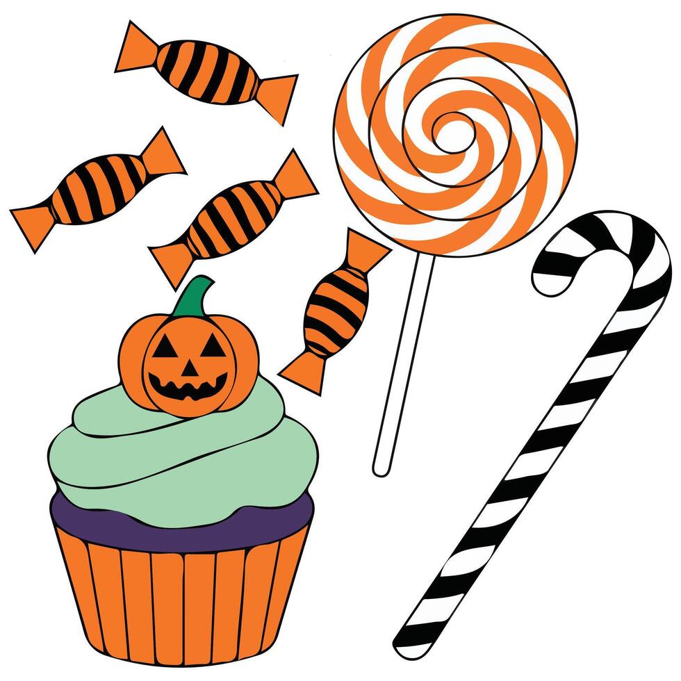 Halloween candy cupcake sweets icon set isolated illustration on white background vector