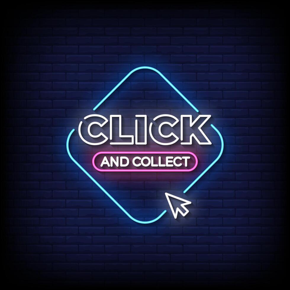 click and collect neon sign with brick wall background vector