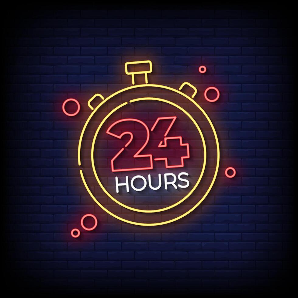 24 hours neon sign with brick wall background vector