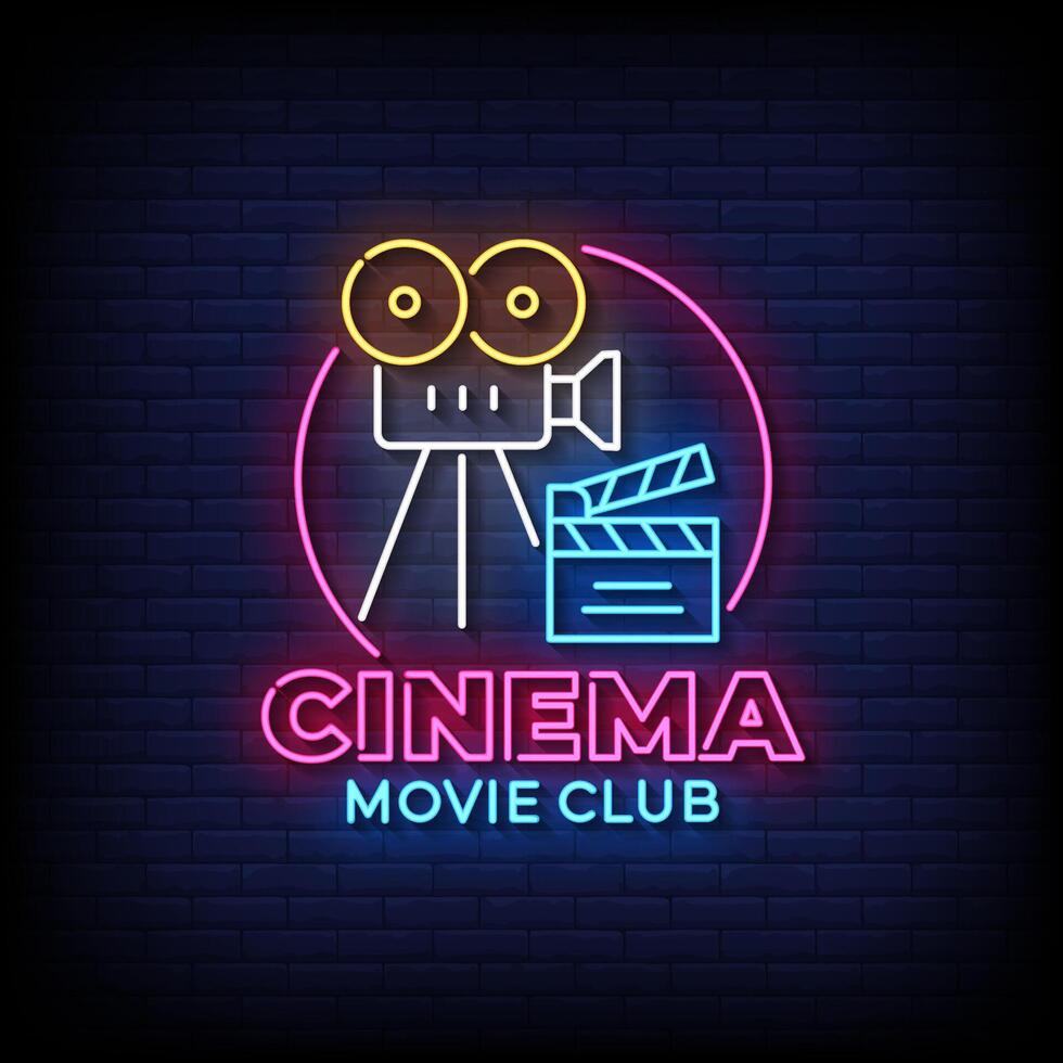 cinema movie time neon sign with brick wall background vector