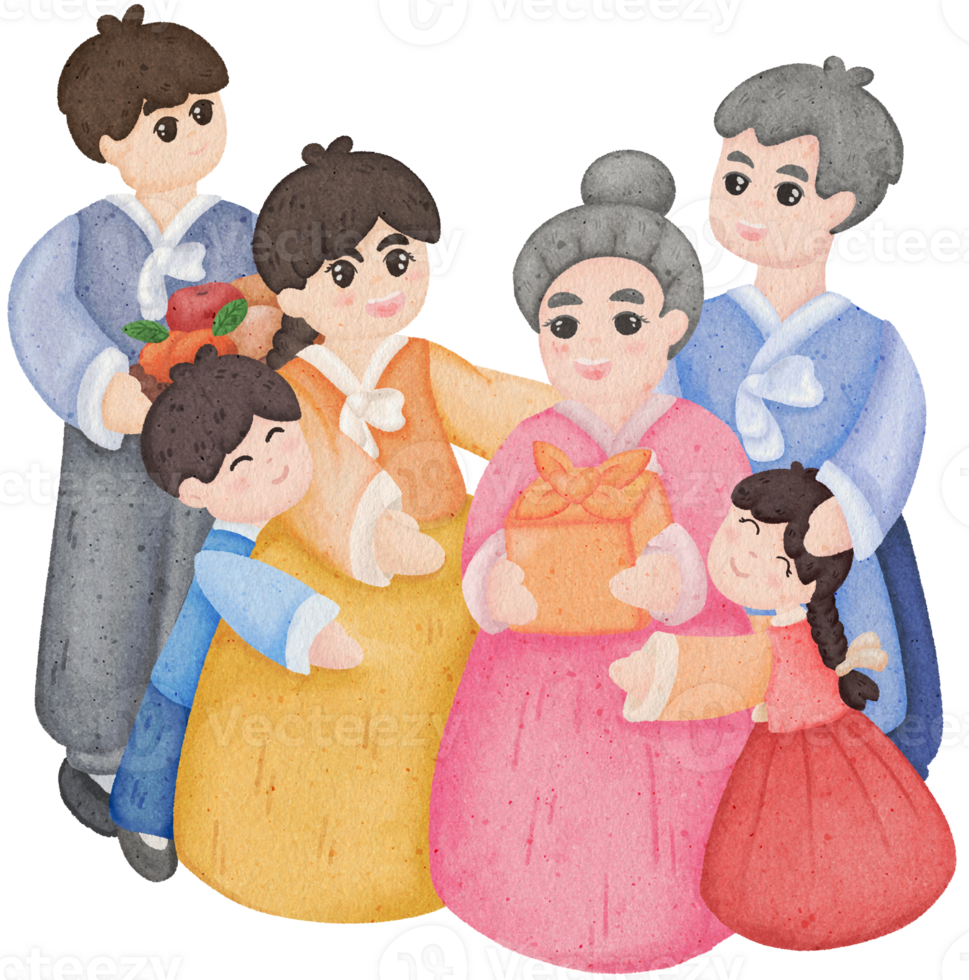 A family wearing hanbok is standing and hugging each other. png