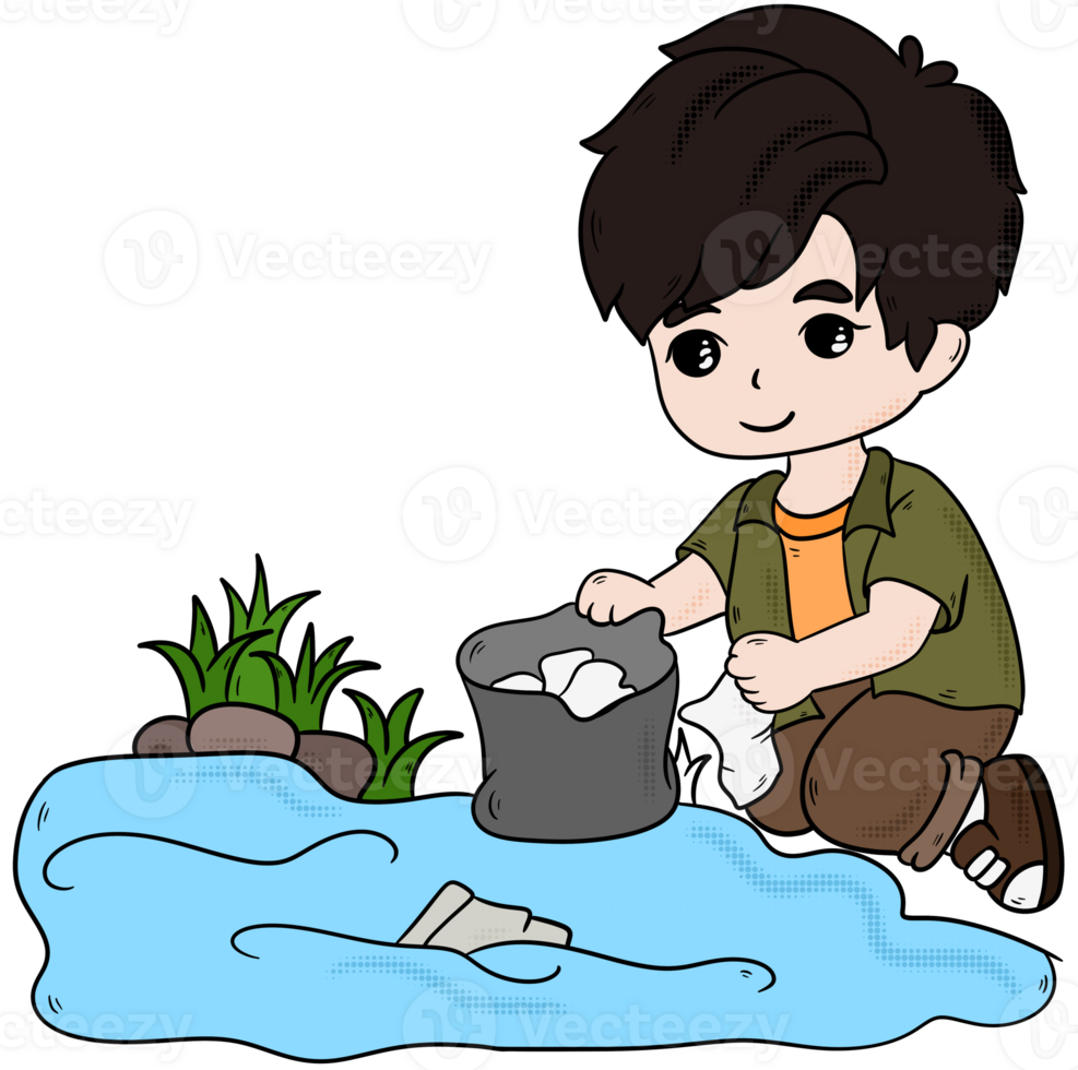 Boy Picking Up Trash Stream png