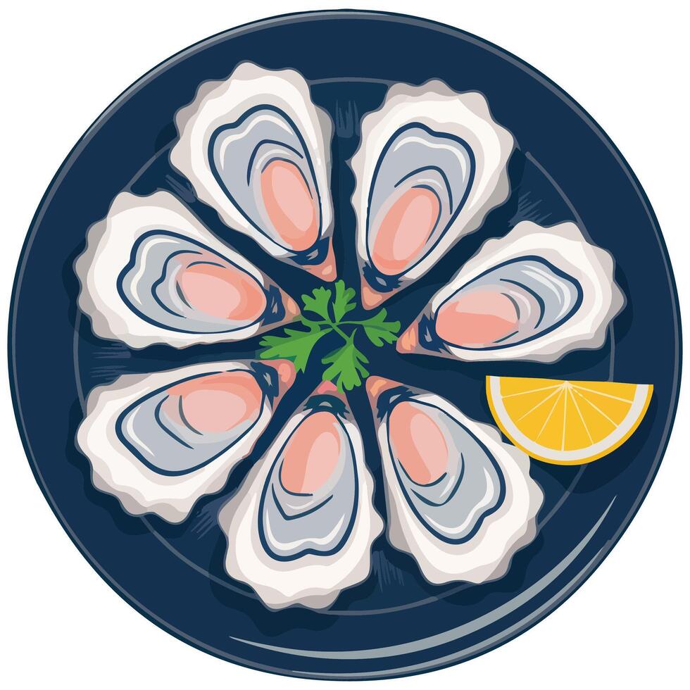 fresh oysters lemon plate seafood isolated illustration on white background vector