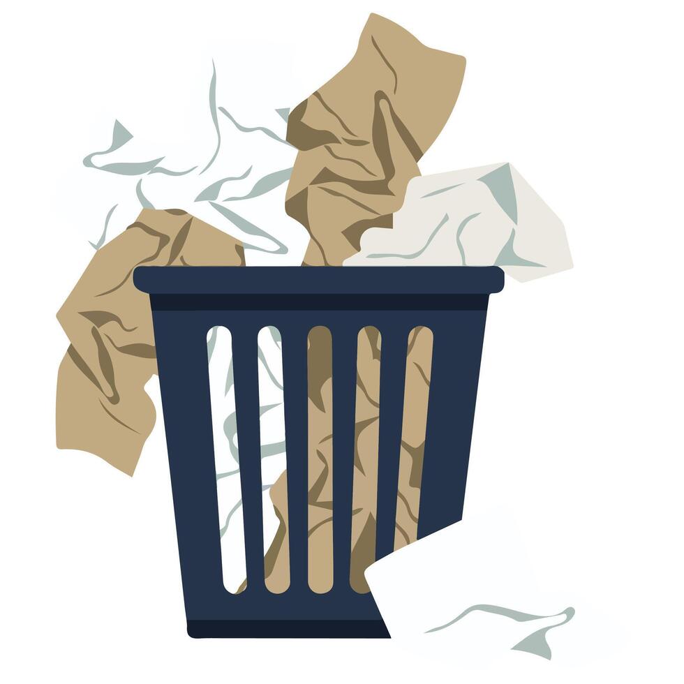 garbage bin crumpled papers office isolated illustration on white background vector