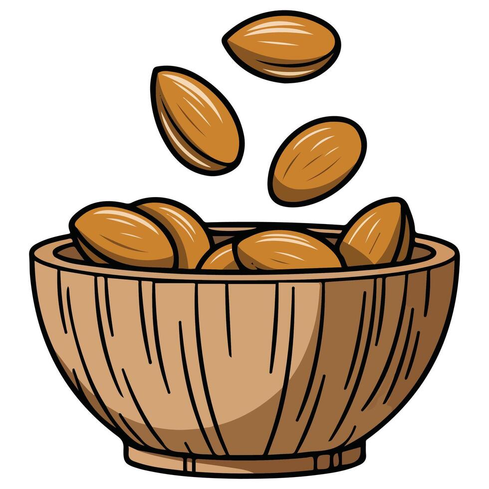 almonds in wooden bowl healthy snack isolated illustration on white background vector