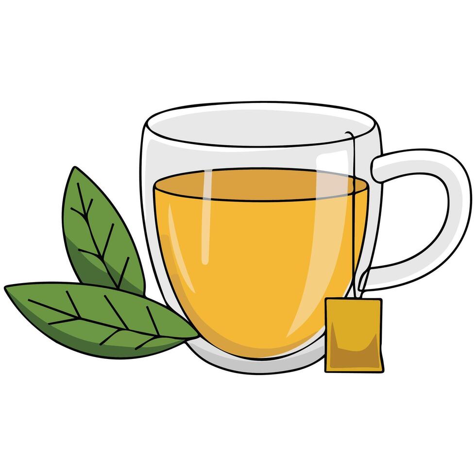 glass teacup tea bag leaf isolated illustration on white background vector