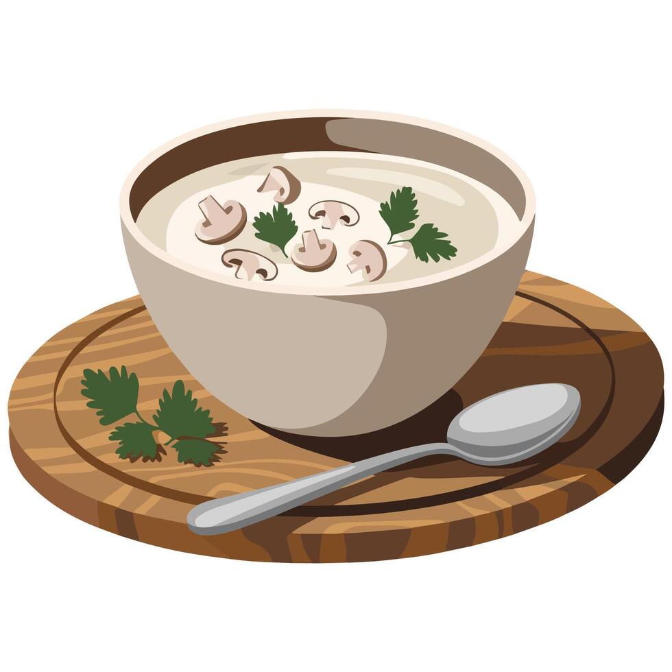 Creamy mushroom soup bowl isolated illustration on white background vector