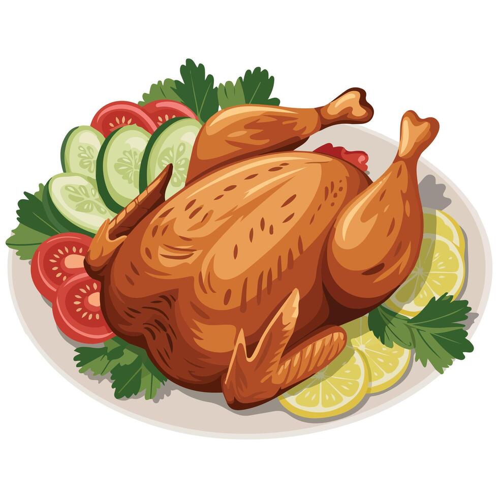 Roasted chicken with vegetables meal isolated illustration on white background vector