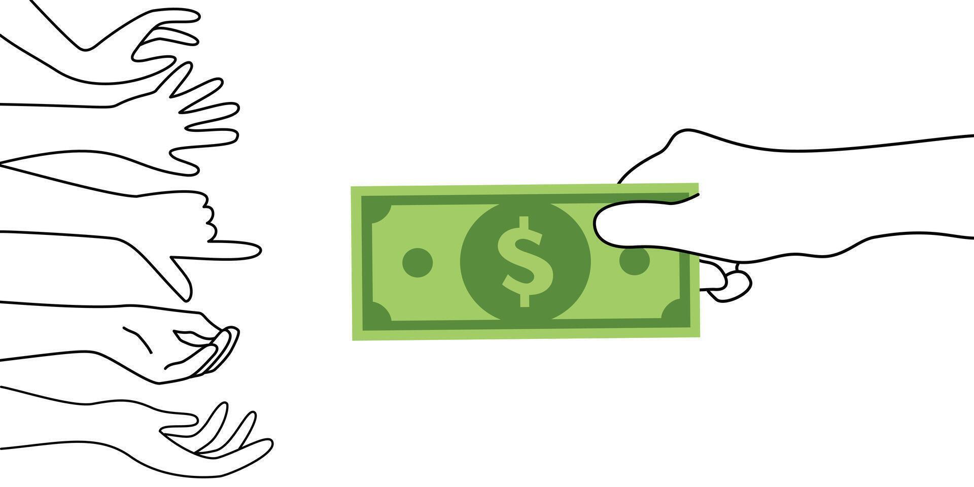 Many hands trying to reach money. Need for money concept. Reaching hands with gift money bills vector