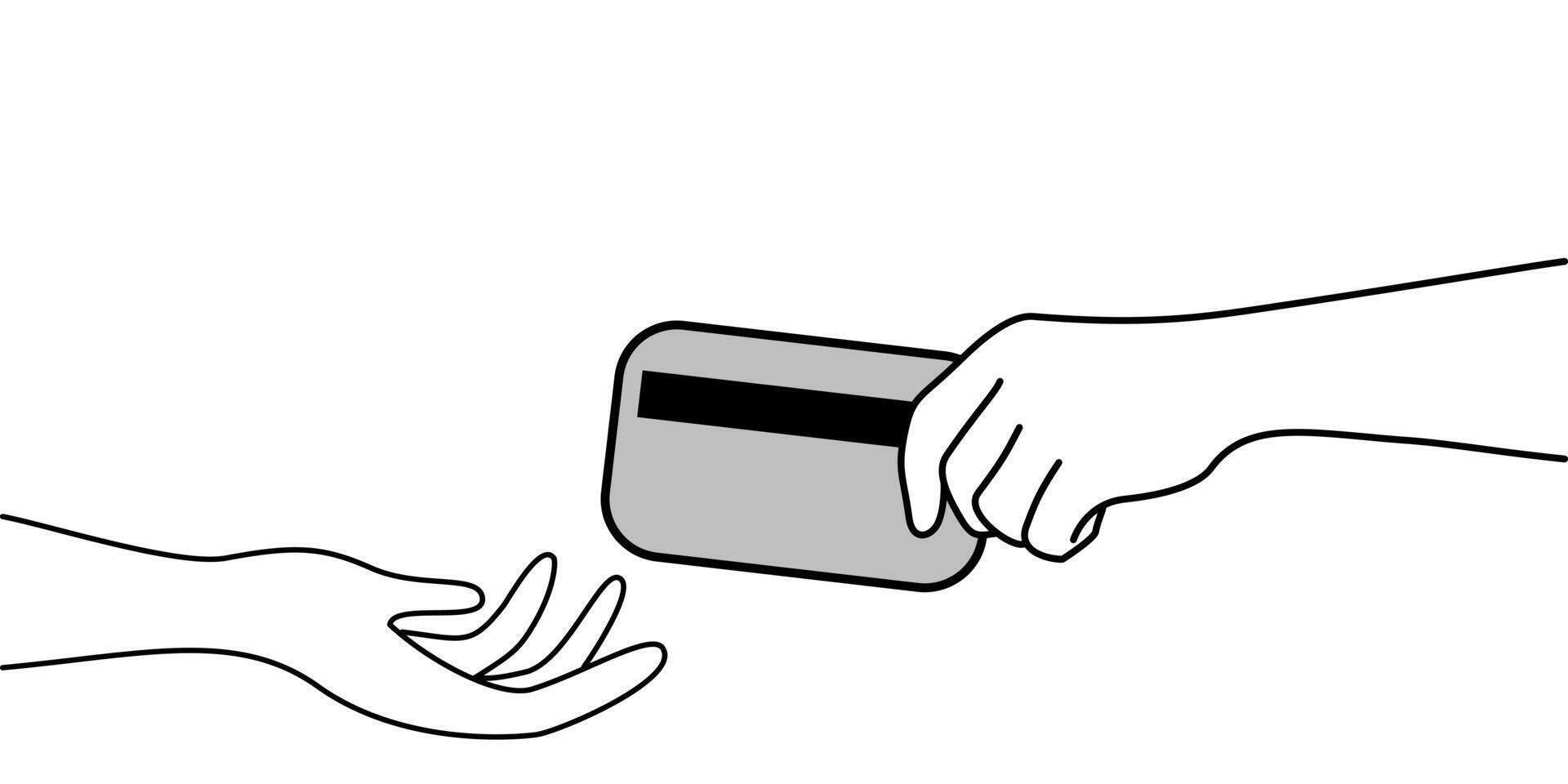 hand holding receiving and giving credit or debit card on white background. vector