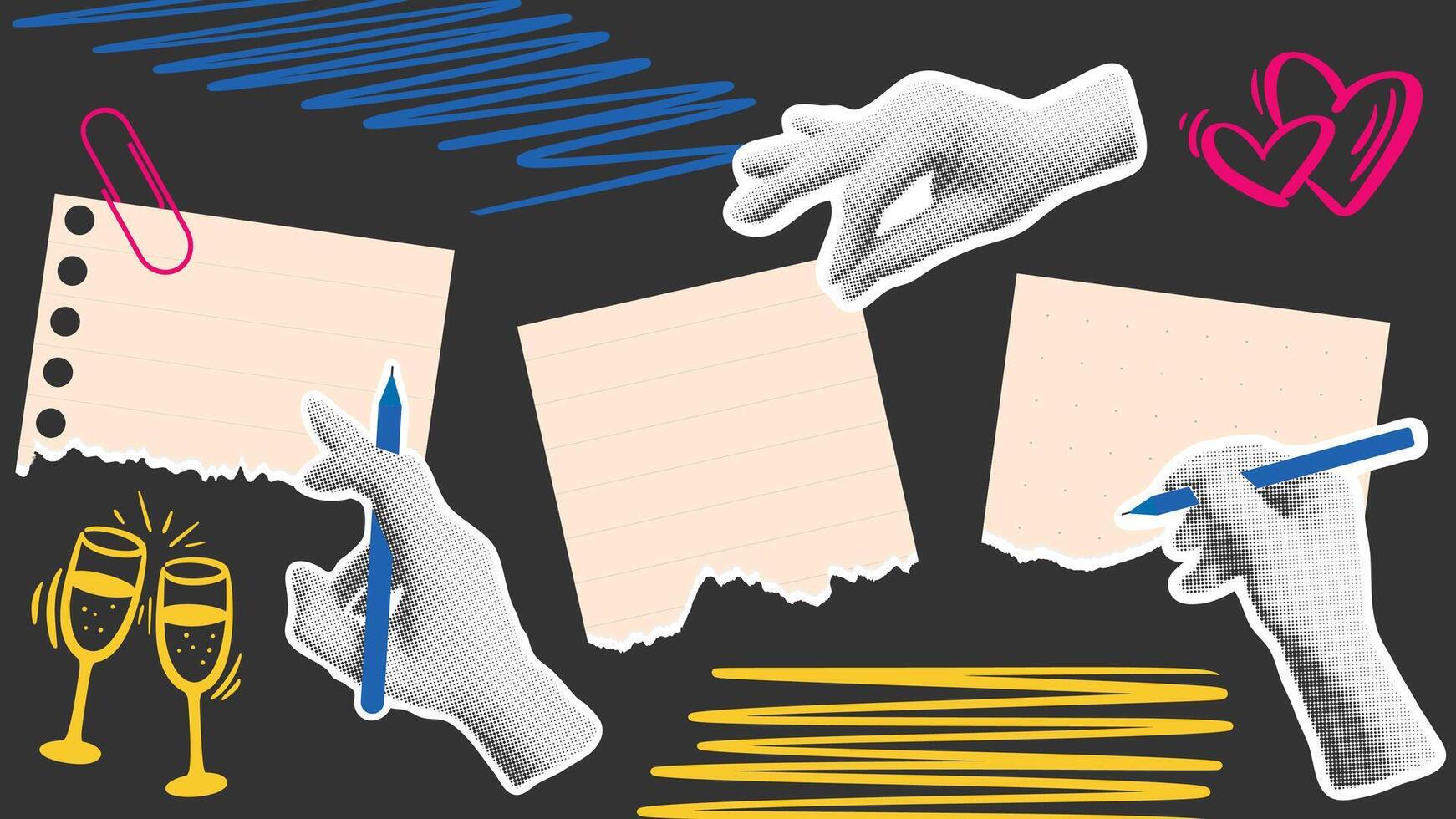 Collage with elements of torn paper and hands in halftone style vector