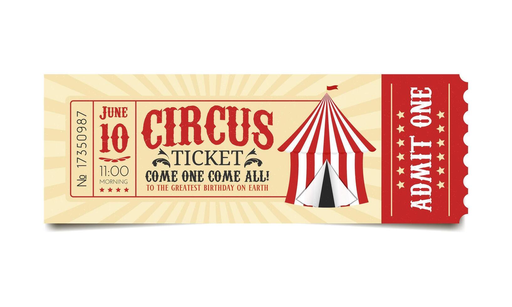 retro circus ticket in red and yellow colors, vintage event pass vector