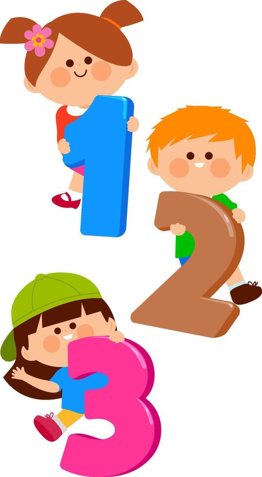 Children holding colorful numbers. Boys and girls students and numbers 123. vector