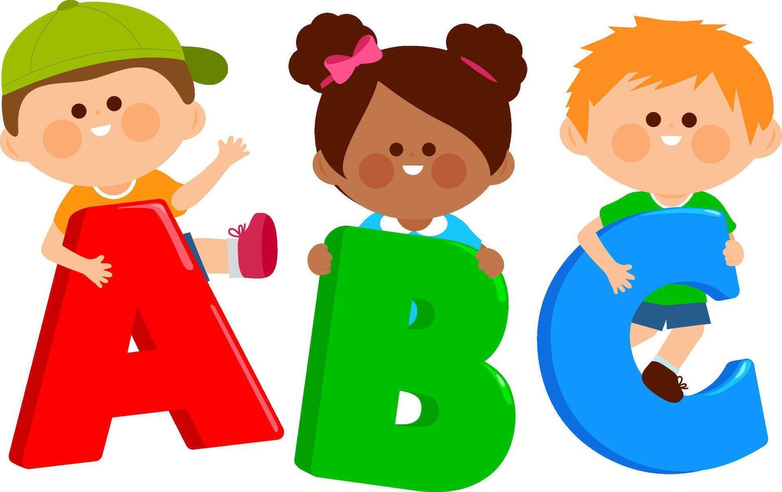 Children holding colorful letters. Boys and girls students and letters ABC. vector