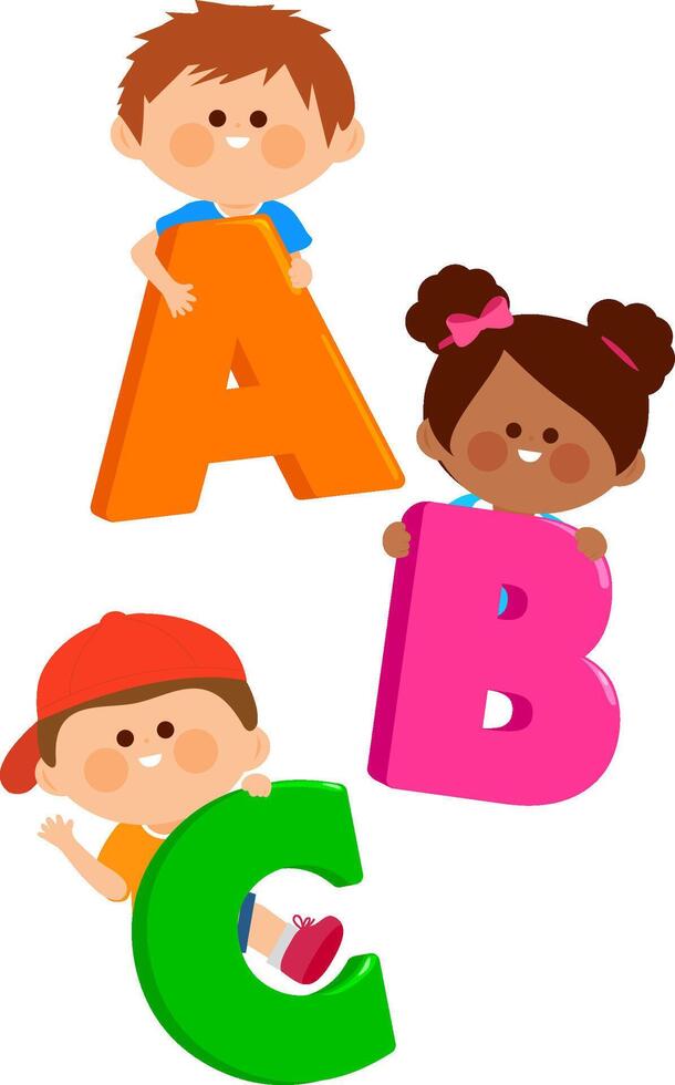 Boys and girls holding letters ABC. Children playing with letters in kindergarten. Small funny children hold letters ABC in their hands. vector