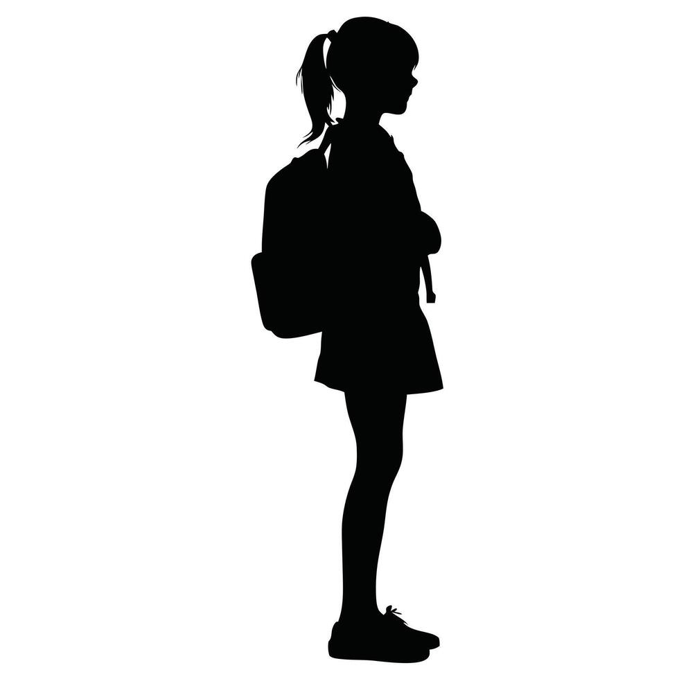 Schoolgirl Silhouette Illustration With Backpack Standing In Profile View vector