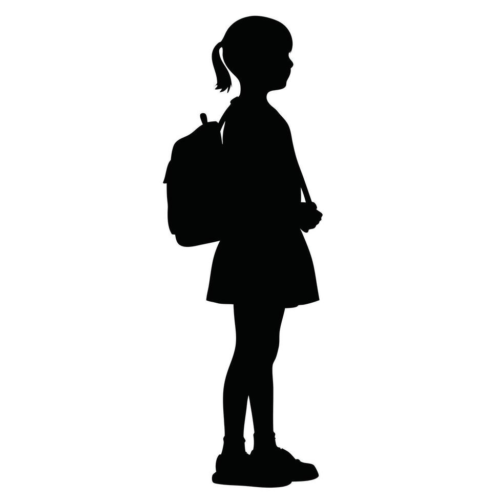 Silhouette Of A Young Schoolgirl With Backpack Standing In Profile Isolated vector
