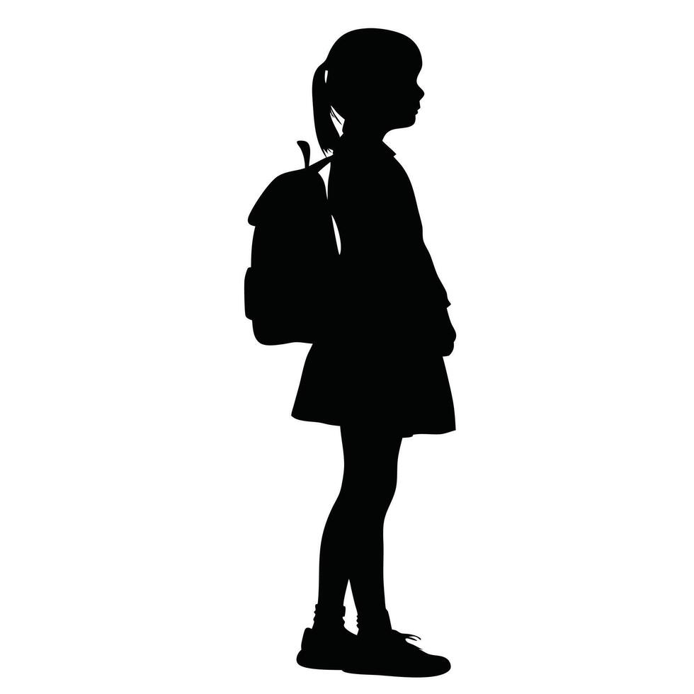 Silhouette Of Schoolgirl With Backpack Ready For School Isolated On White vector