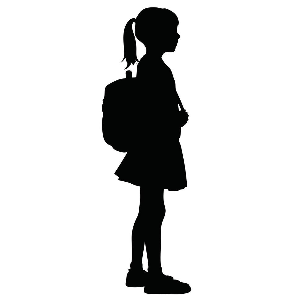 Silhouette Of Schoolgirl With Backpack Standing Isolated On White Background Illustration vector