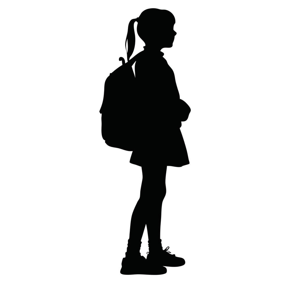 Schoolgirl With Backpack Silhouette Standing Isolated On White Background Graphic vector