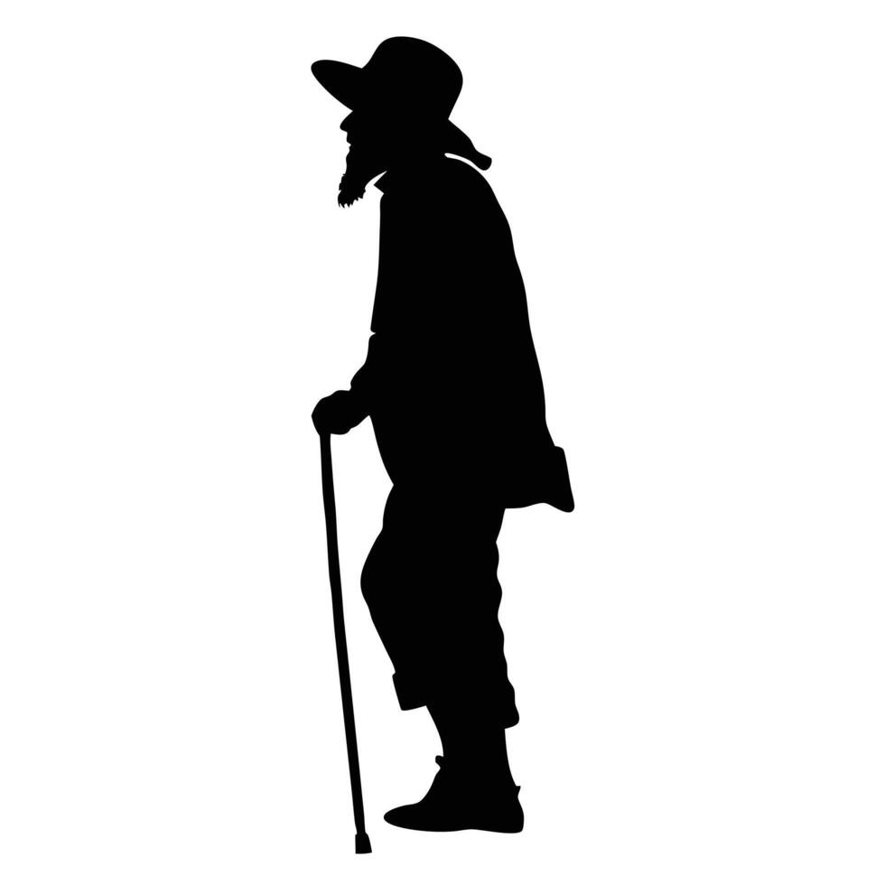Silhouette Of Elderly Man With Beard Hat And Cane Walking Forward vector