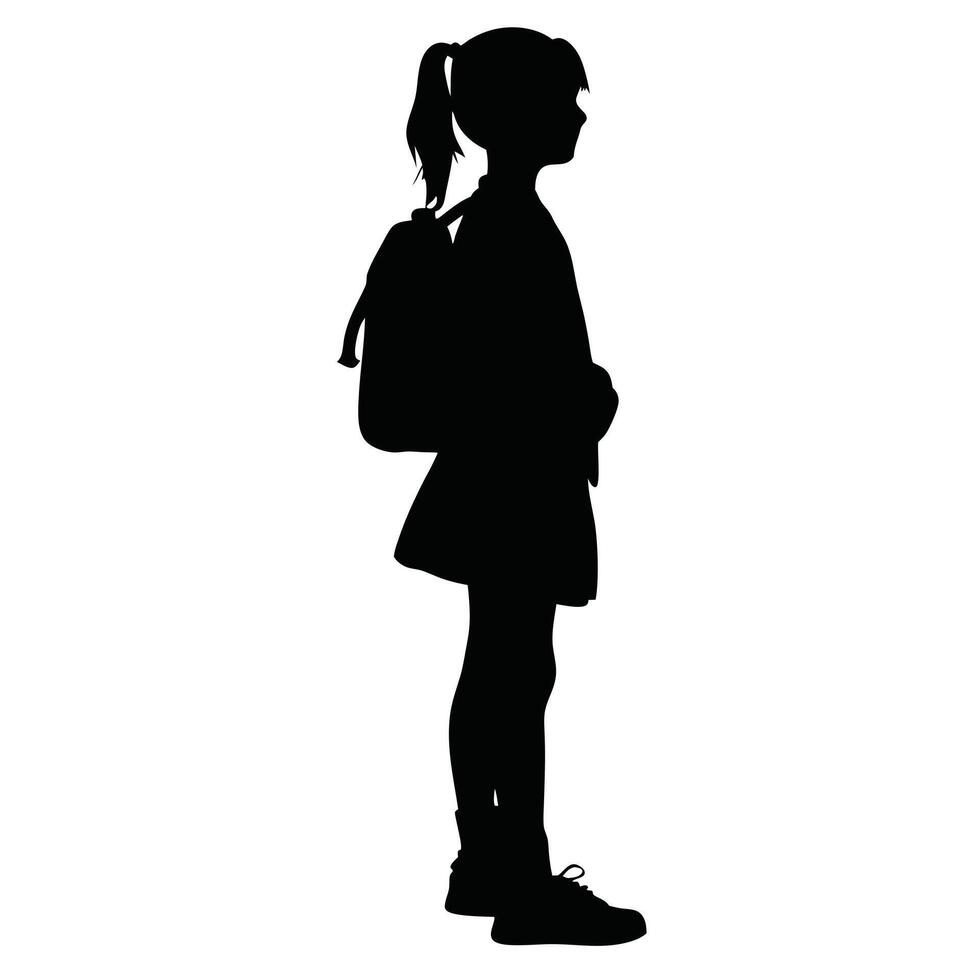 Silhouette Of A Girl With Backpack Standing Schoolkid Wearing Uniform Education Concept vector
