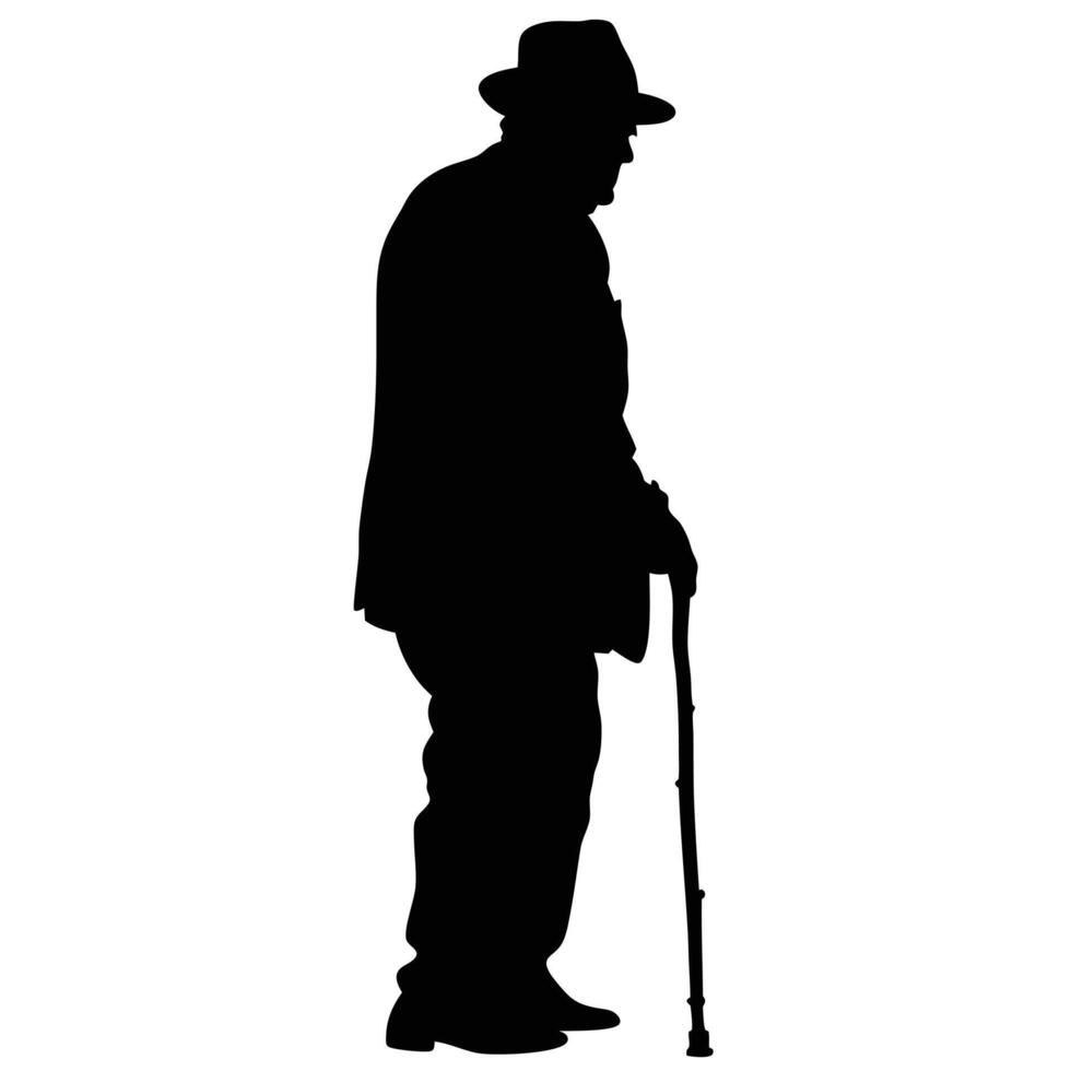 Silhouette Of An Old Man With Walking Stick Wearing A Hat vector