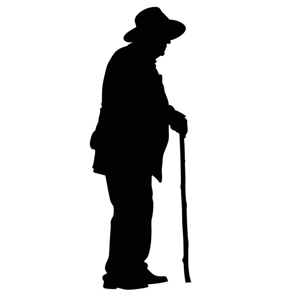 Silhouette Of Elderly Man Walking With A Cane In A Hat vector