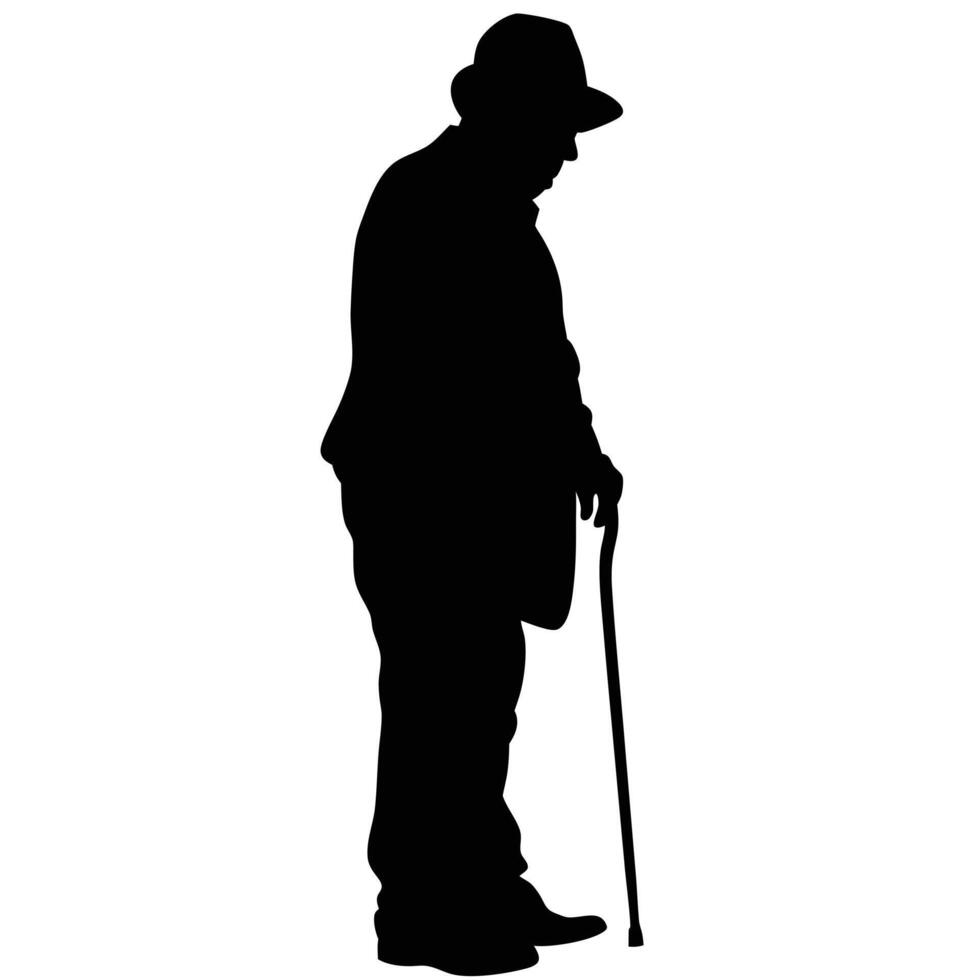 Silhouette Of An Elderly Man In A Hat With A Walking Cane Isolated vector