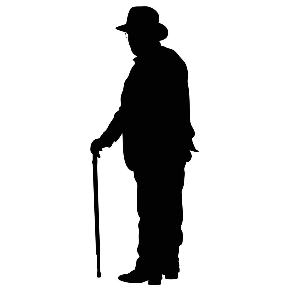 Elegant Senior Man Silhouette With Hat And Cane Stands Proudly Still vector